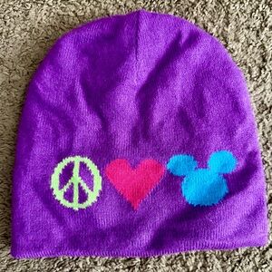 Purple Beanie and Scarf with Peace, Love, and Mickey Mouse Design